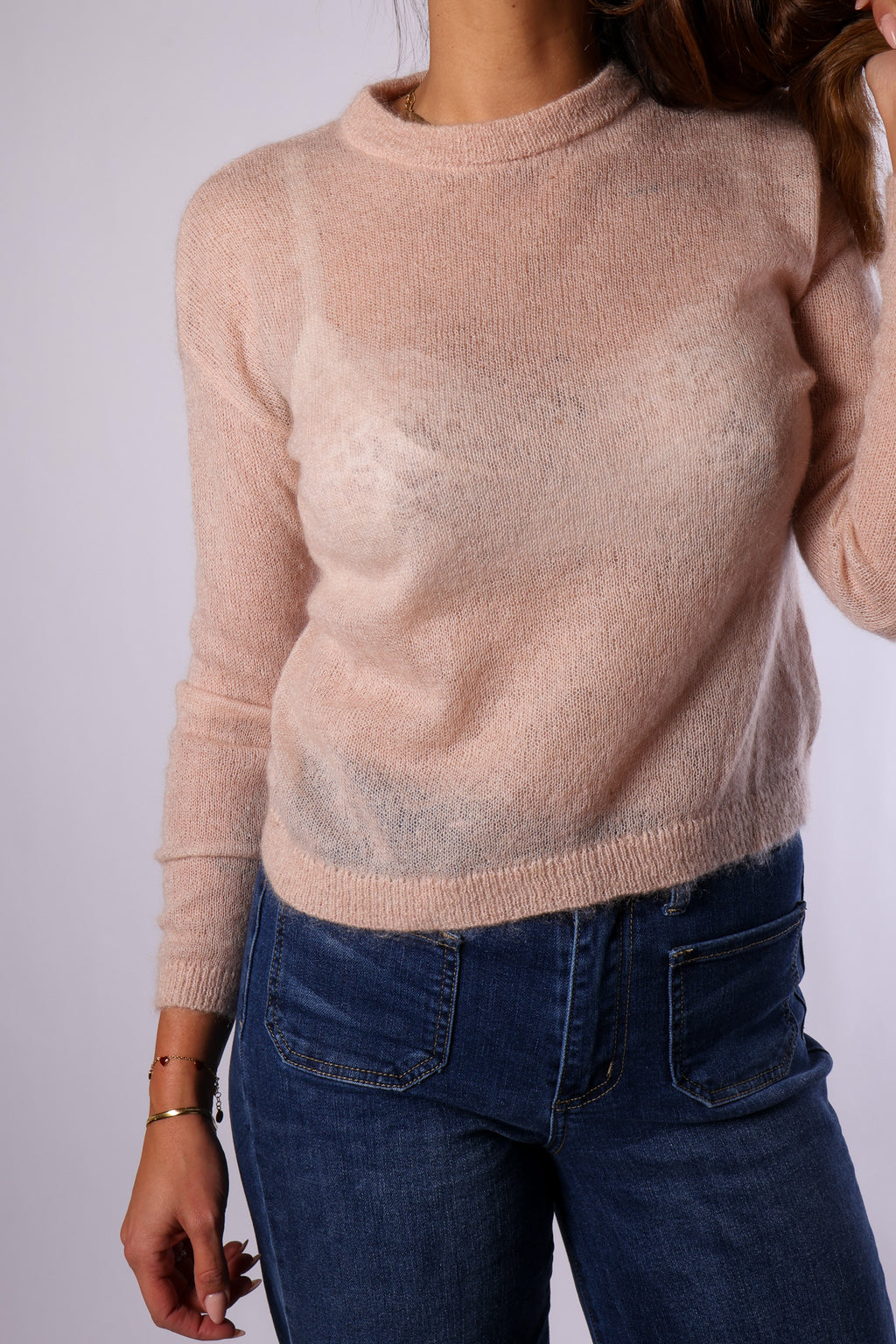 Eleganter Mohair-Polyamid Pullover in Altrosa (Größe 36/S) – Transparente Details secondhand