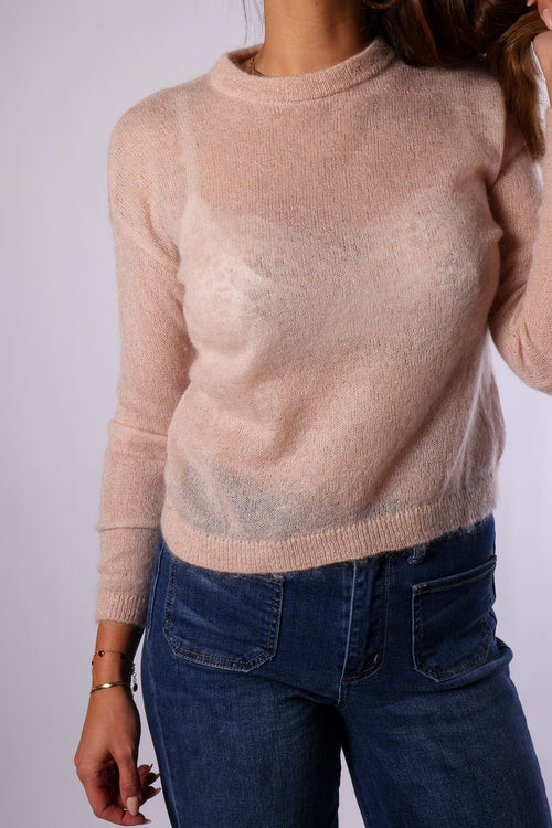Eleganter Mohair-Polyamid Pullover in Altrosa (Größe 36/S) – Transparente Details secondhand