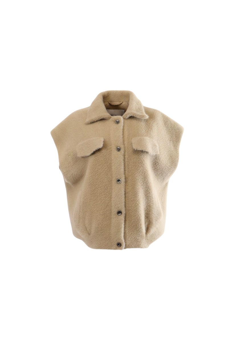 Labelstorys Fellweste in Beige, Größe S, mit Kragen und Druckknöpfen. Materialmix aus Polyamid, Viskose und Polyester.