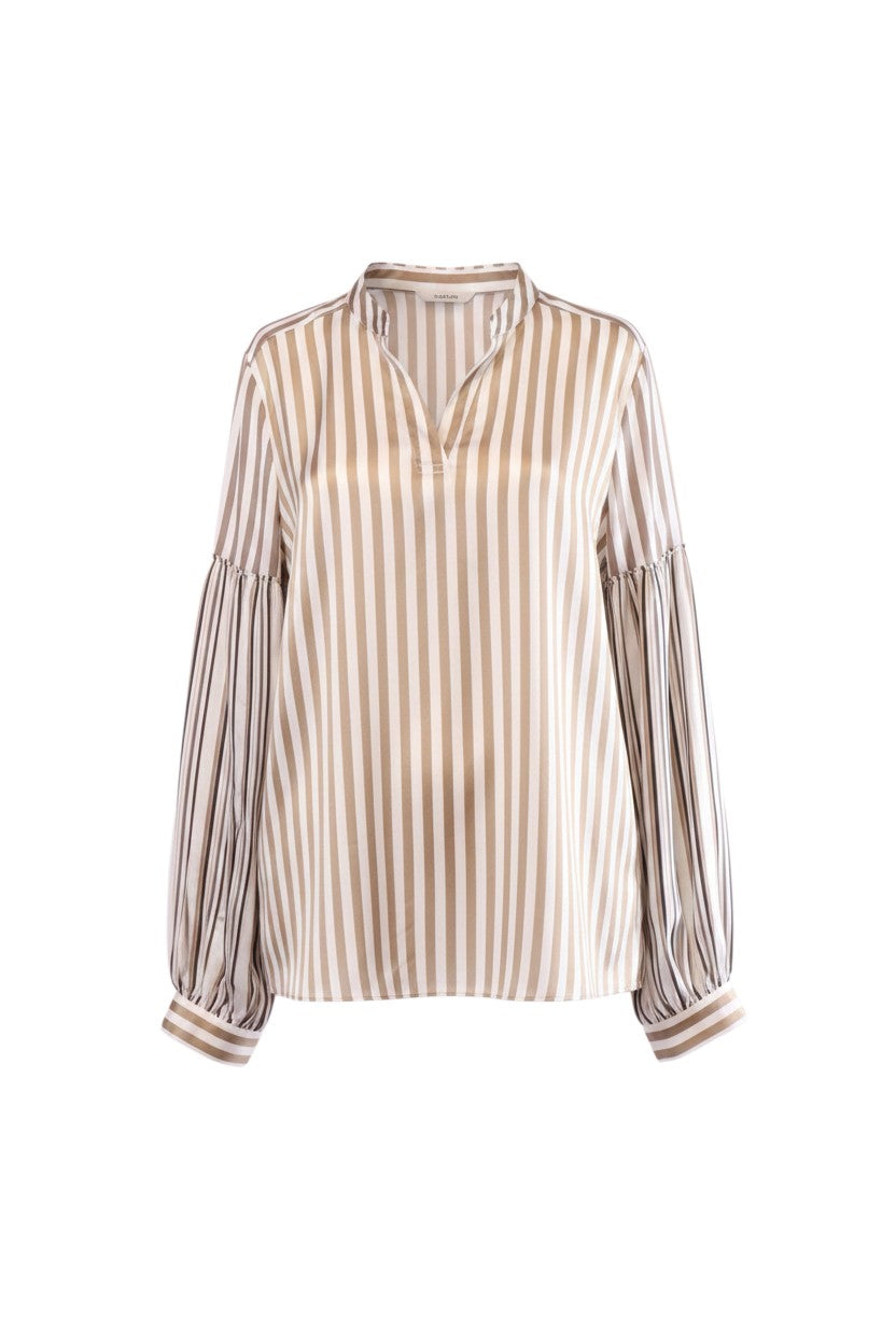 Labelstorys Bluse mit Streifen in Gold/Weiß, 95% Seide, 5% Elasthan, Größe S
