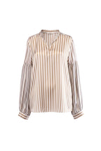Labelstorys Bluse mit Streifen in Gold/Weiß, 95% Seide, 5% Elasthan, Größe S