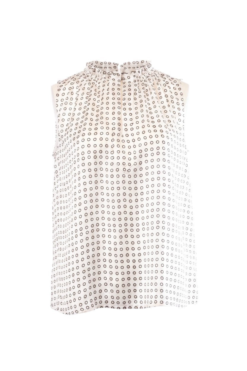 Labelstorys weiße Bluse mit kleinem Punktmuster und Rüschenkragen, Größe M
