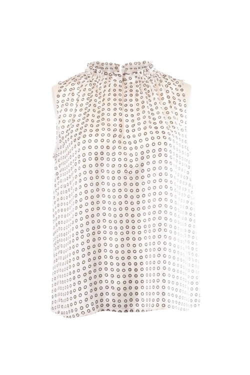 Labelstorys weiße Bluse mit kleinem Punktmuster und Rüschenkragen, Größe M