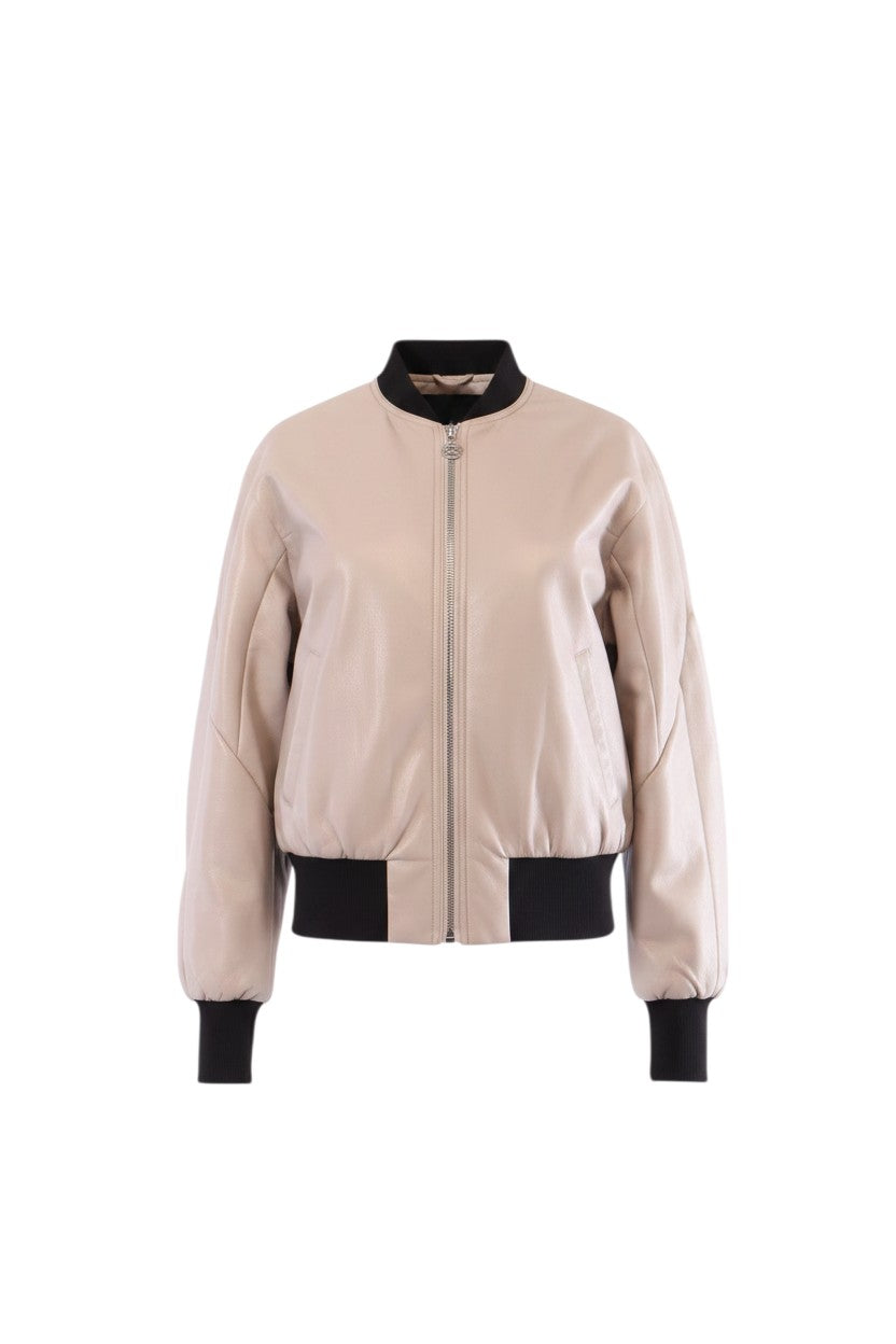 Labelstorys Bomberjacke in Altrose aus Kunstleder mit schwarzen Bündchen und Reißverschluss, Größe S.