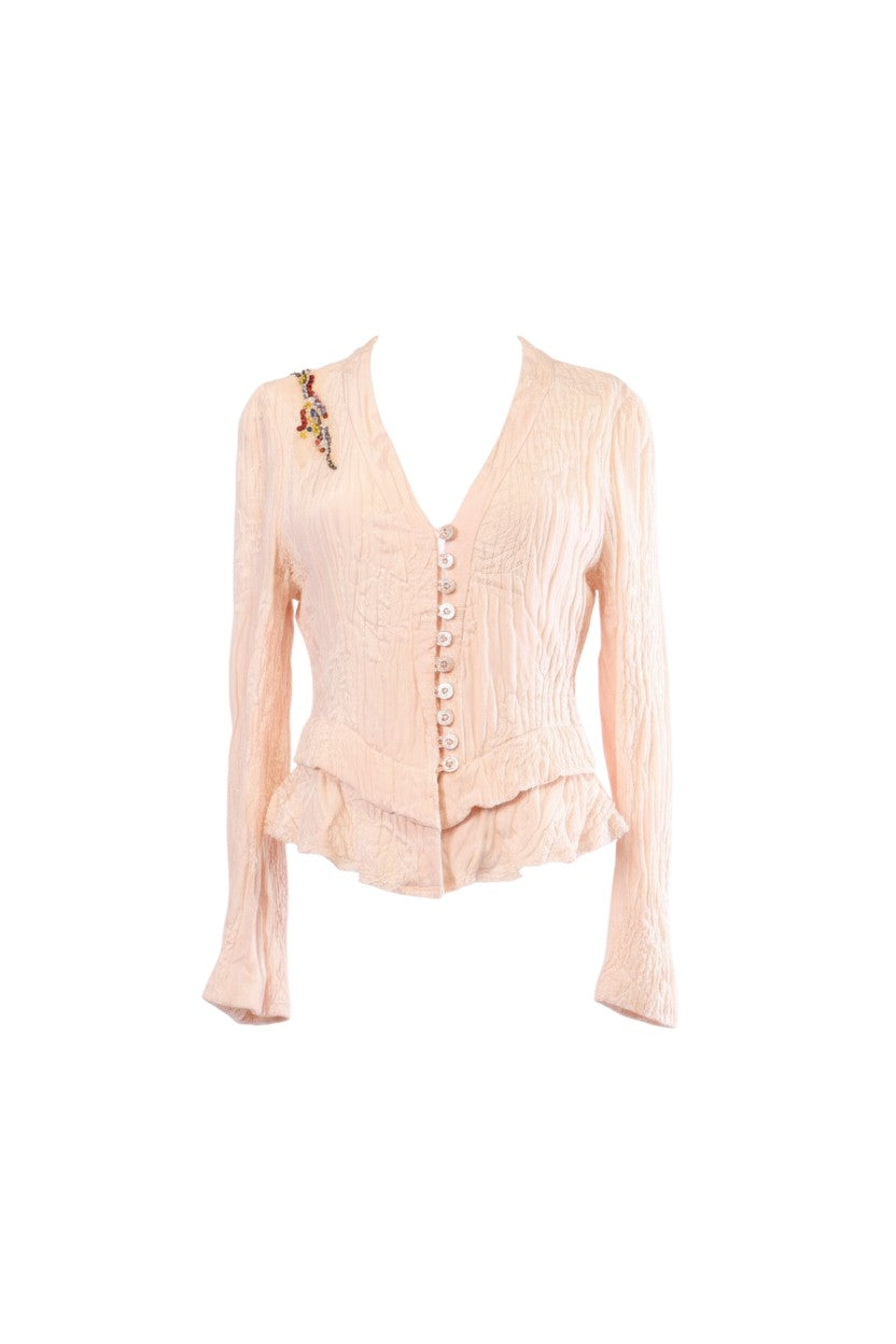 Labelstorys Blazer von Christian Lacroix in Altrosa, Größe S. Materialmix aus Baumwolle, Seide und Viskose mit Rüschen und Perlenstickerei.