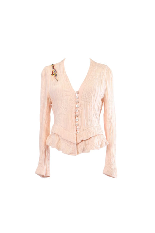 Labelstorys Blazer von Christian Lacroix in Altrosa, Größe S. Materialmix aus Baumwolle, Seide und Viskose mit Rüschen und Perlenstickerei.
