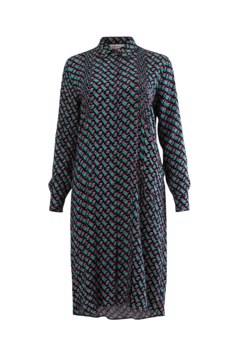 Labelstorys gemustertes Seidenkleid von Diane von Fürstenberg in Grün/Schwarz/Rot, Größe S