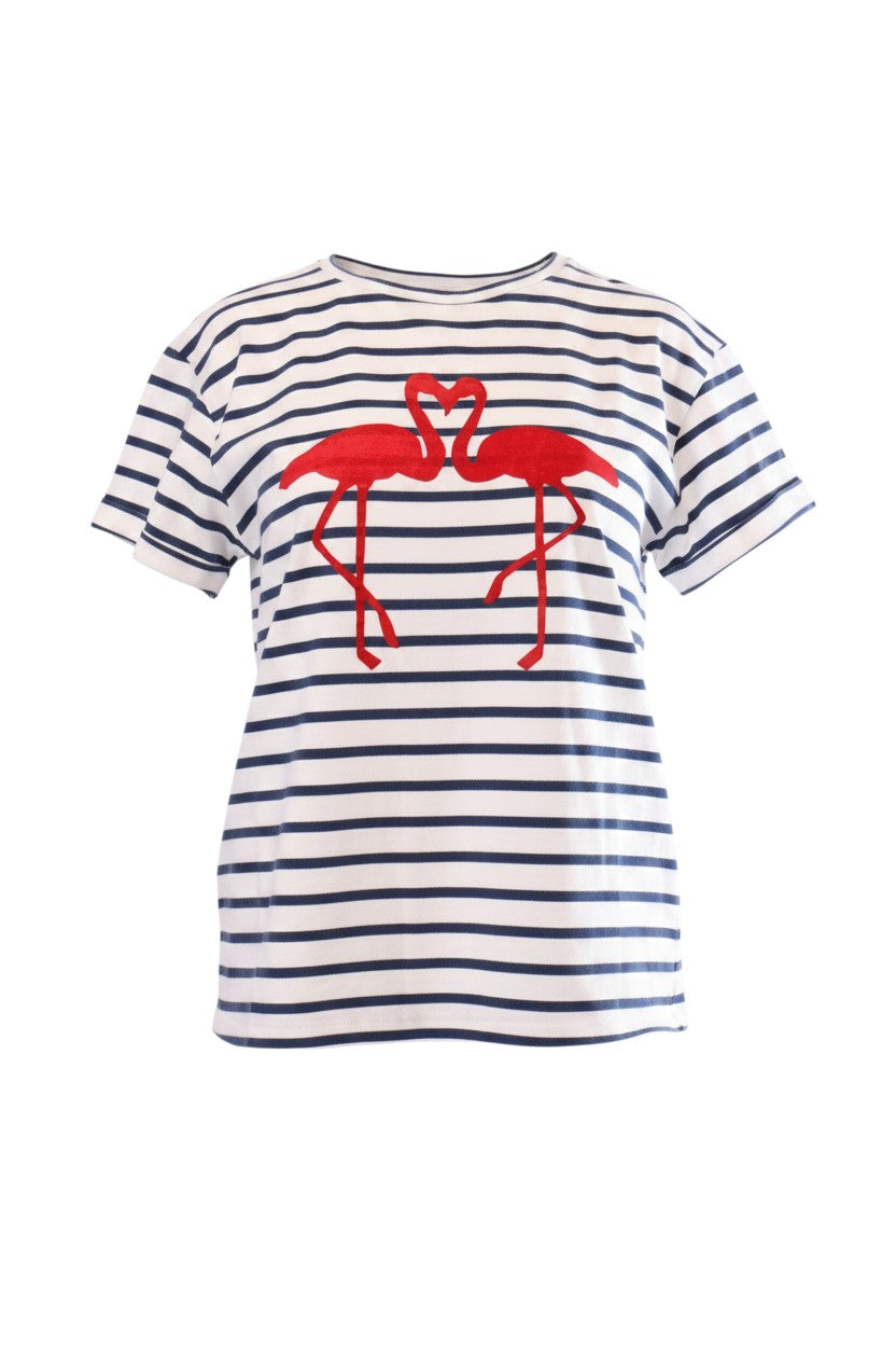 Labelstorys weiß gestreiftes T-Shirt aus 100% Baumwolle mit rotem Flamingo-Print, Größe S