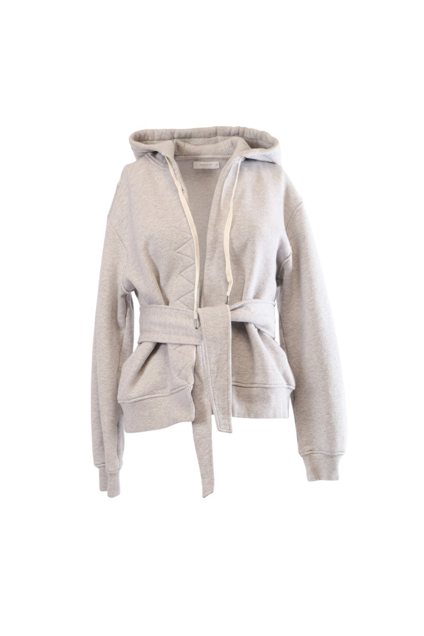 Labelstorys graue Strickjacke von Alexander Wang aus 100% Baumwolle mit Kapuze und Bindegürtel, Größe XS.