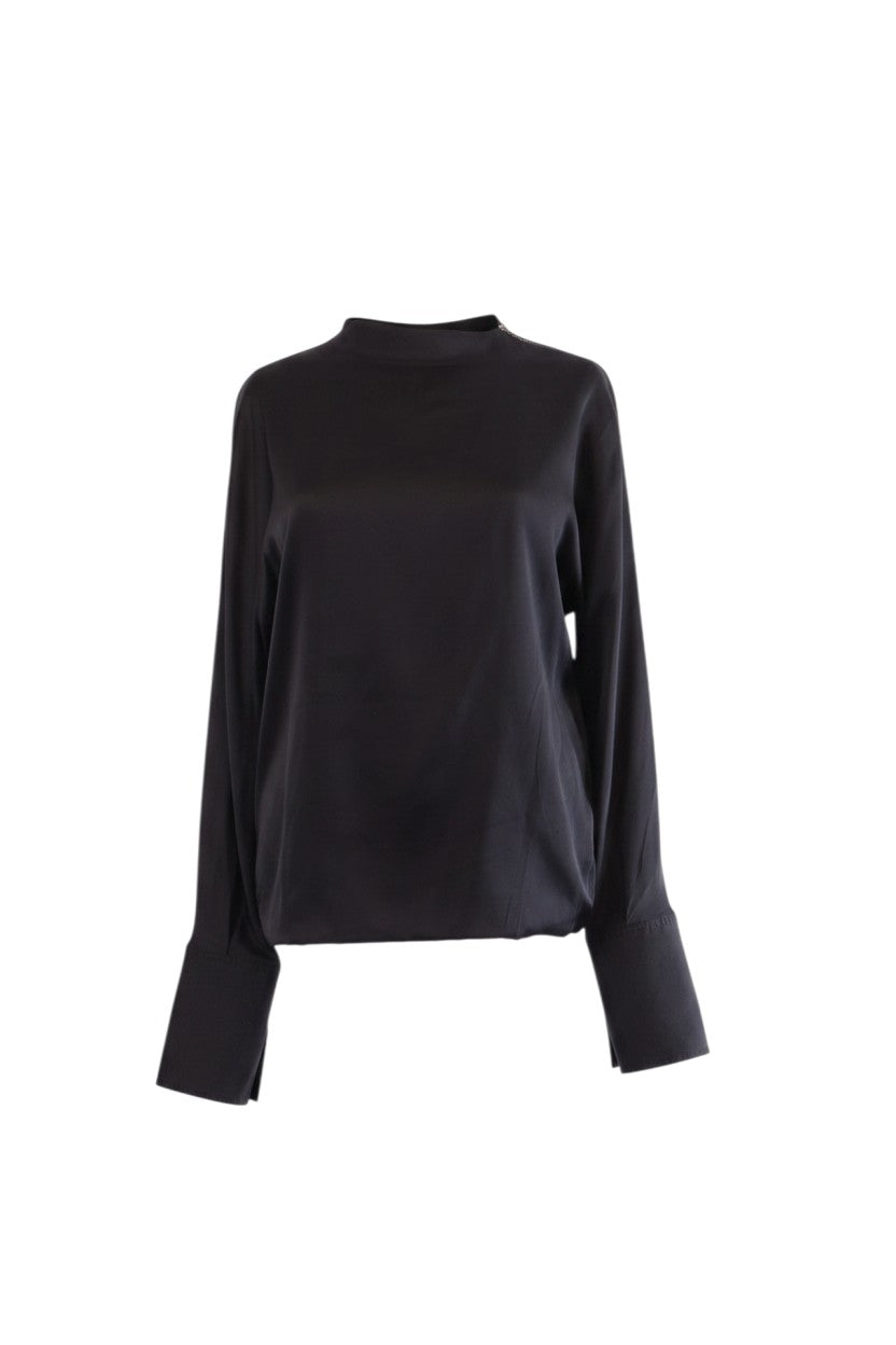 Labelstorys schwarze Seidenbluse von Helmut Lang, Gr. M, mit Stehkragen und weiten Ärmelbündchen.