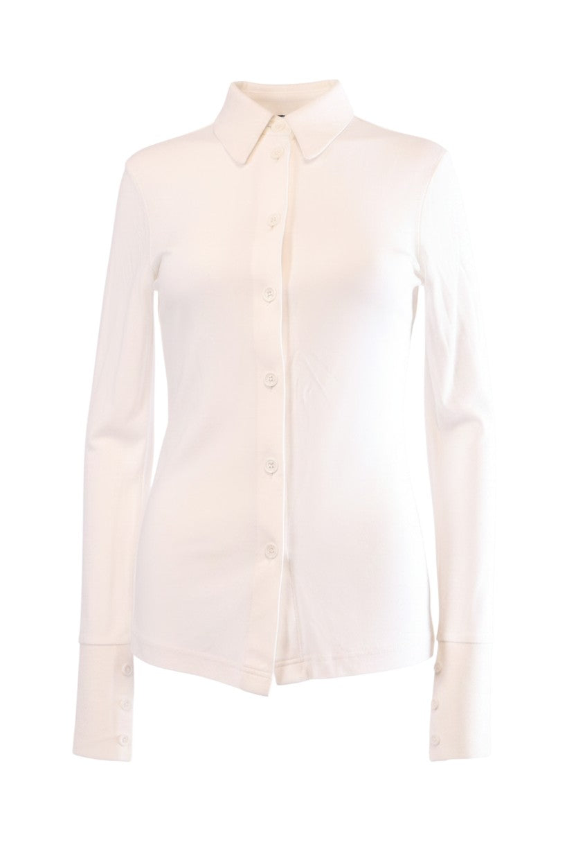 Labelstorys Helmut Lang weiße Bluse aus 100% Viskose, Größe M, mit durchgehender Knopfleiste und Kragen.