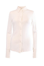 Labelstorys Helmut Lang weiße Bluse aus 100% Viskose, Größe M, mit durchgehender Knopfleiste und Kragen.
