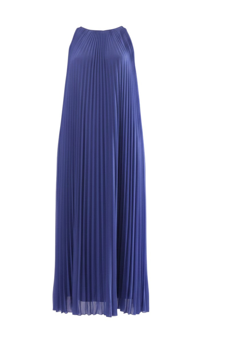 Labelstorys Max Mara blaues Abendkleid aus 100% Polyester mit Faltenrock und Rundhalsausschnitt, Größe S