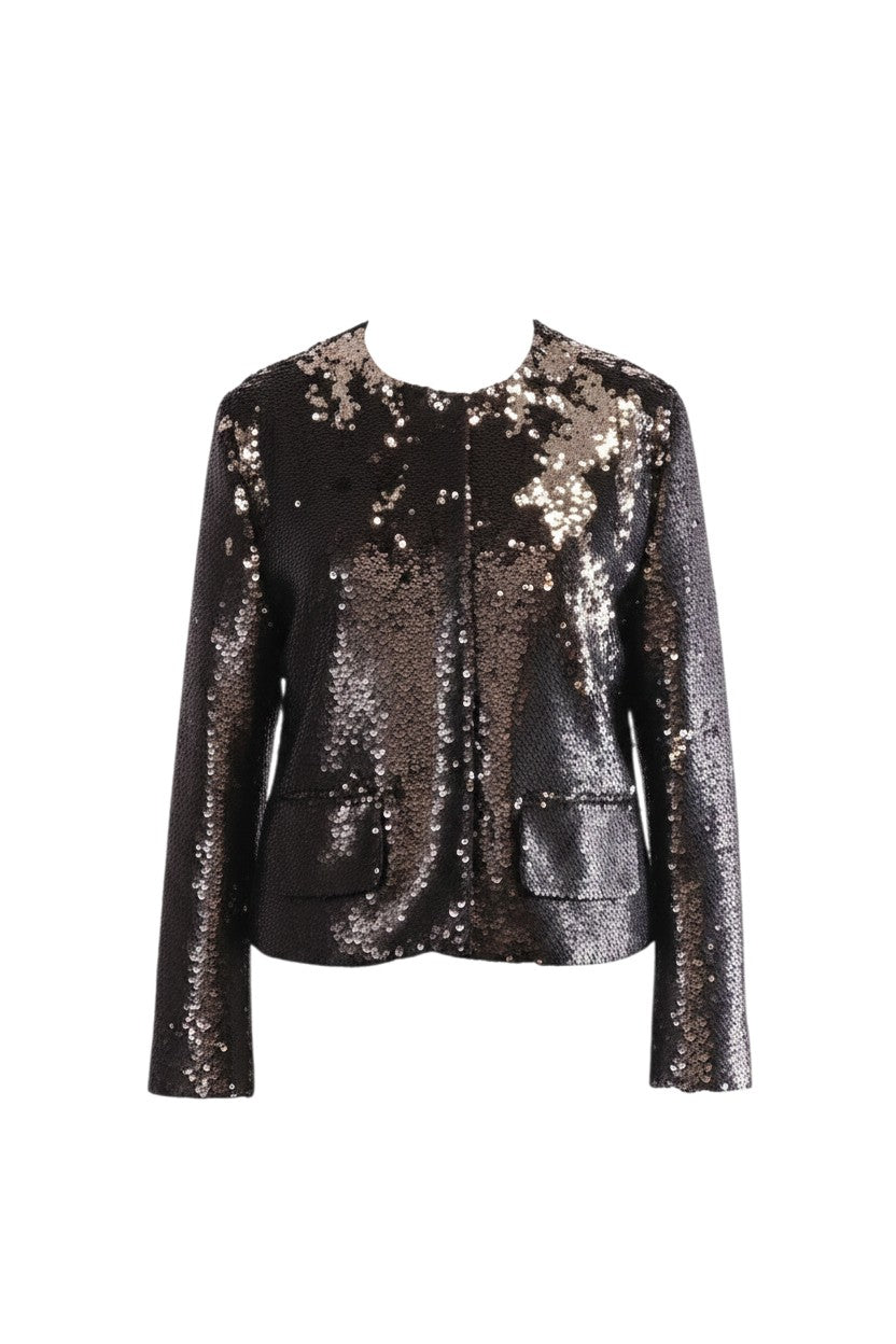 Labelstorys Pailletten Kurzjacke Schwarz/Silber, Rundhalsausschnitt, zwei aufgesetzte Taschen, Größe L