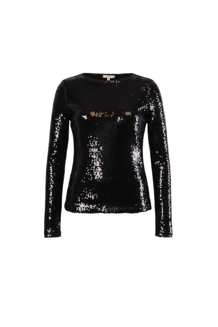 Labelstorys schwarzes Langarmshirt mit Paillettenbesatz, Rundhalsausschnitt, Größe S, Polyester/Elastan