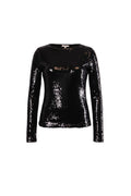 Labelstorys schwarzes Langarmshirt mit Paillettenbesatz, Rundhalsausschnitt, Größe S, Polyester/Elastan