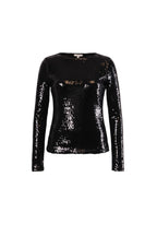 Labelstorys schwarzes Langarmshirt mit Paillettenbesatz, Rundhalsausschnitt, Größe S, Polyester/Elastan