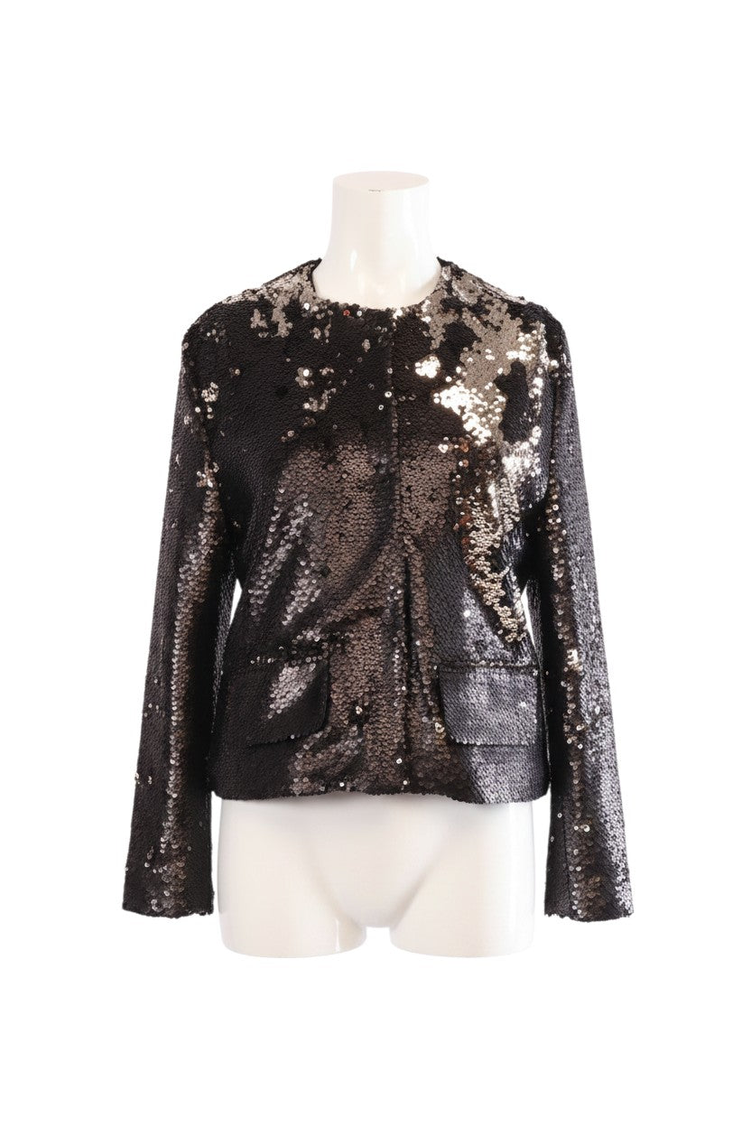 Labelstorys Pailletten-Kurzjacke in Schwarz/Silber, Größe L, mit zwei aufgesetzten Taschen.