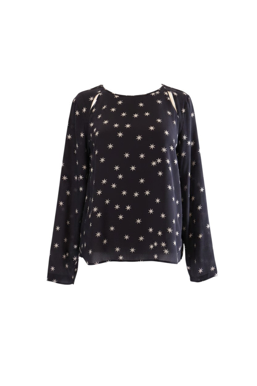 Labelstorys Pam&Gela dunkelblaue Seidenbluse mit Sternenmuster und Cut-Outs an den Schultern, Größe M