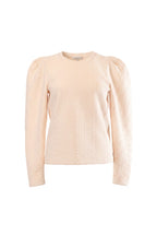 Labelstorys Pullover in Cremeweiß mit Puffärmeln und Jacquard-Muster, Größe S, aus 98% Polyester und 2% Elasthan.