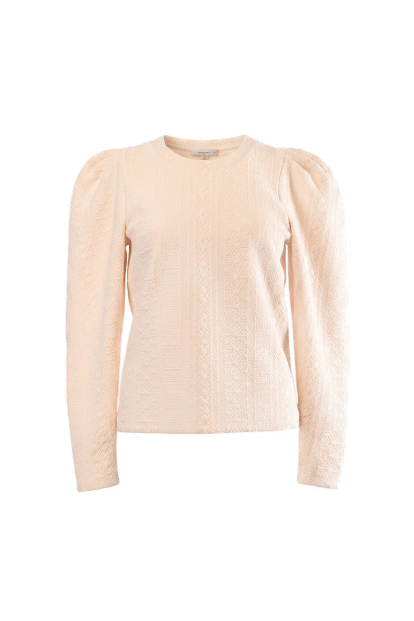 Labelstorys Pullover in Cremeweiß mit Puffärmeln und Jacquard-Muster, Größe S, aus 98% Polyester und 2% Elasthan.