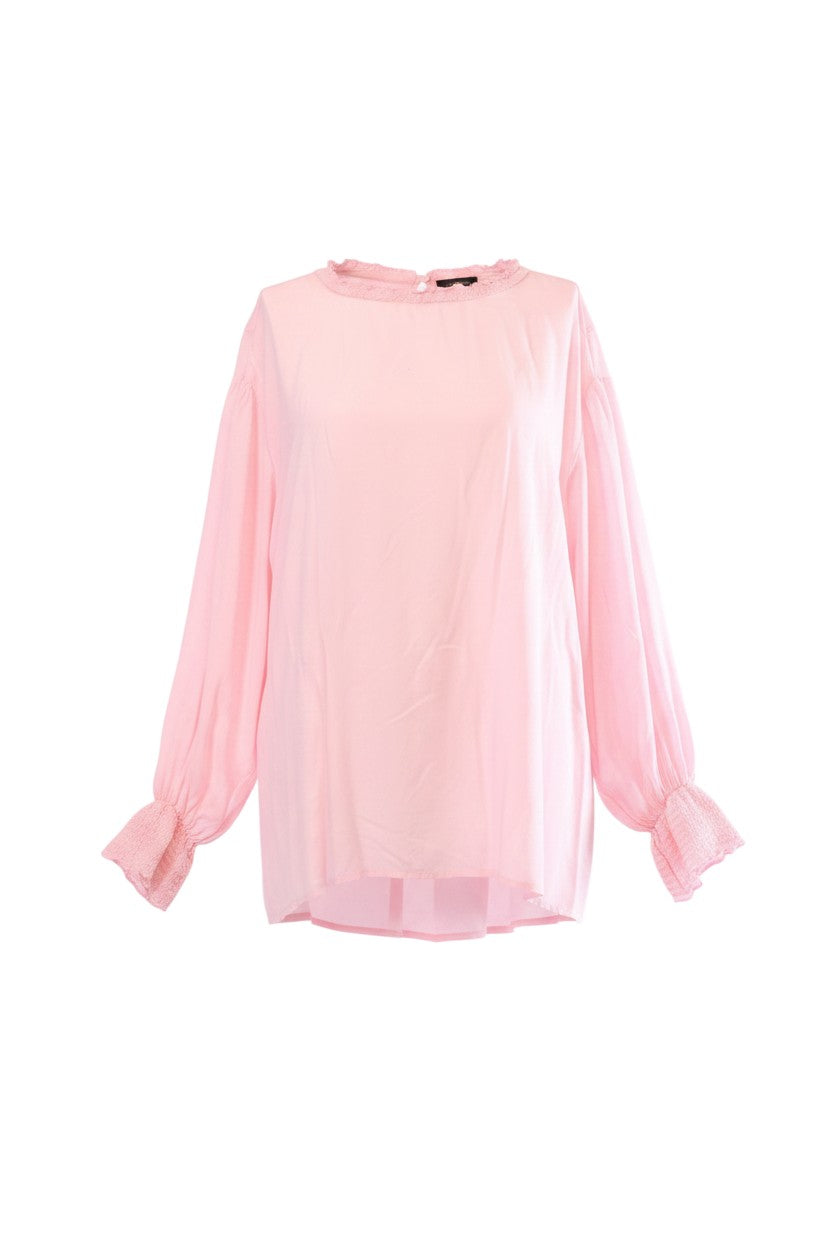 Labelstorys rosa Bluse aus 100% Modal mit Rüschenkragen und Ärmelbündchen, Größe S