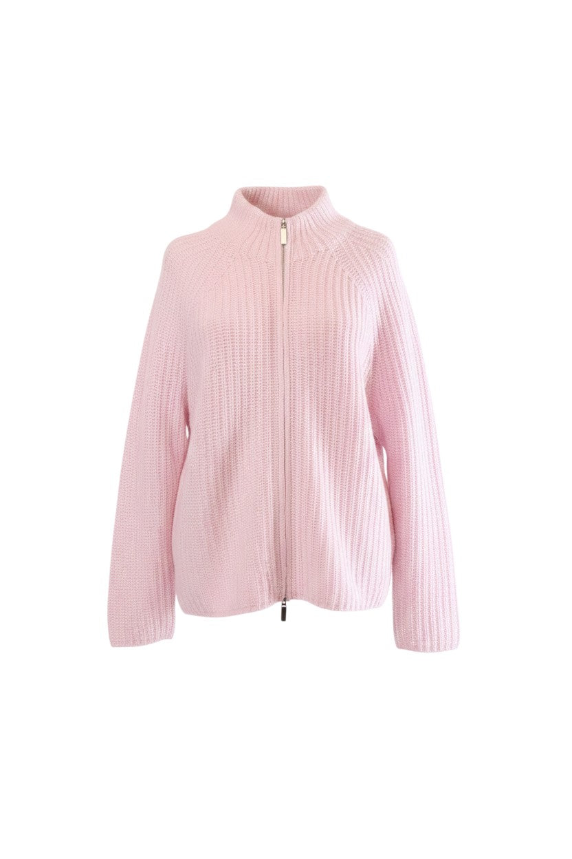 Labelstorys Strickjacke aus 70% Wolle und 30% Kaschmir in Rosa, Größe S, mit durchgehendem Reißverschluss und Stehkragen.