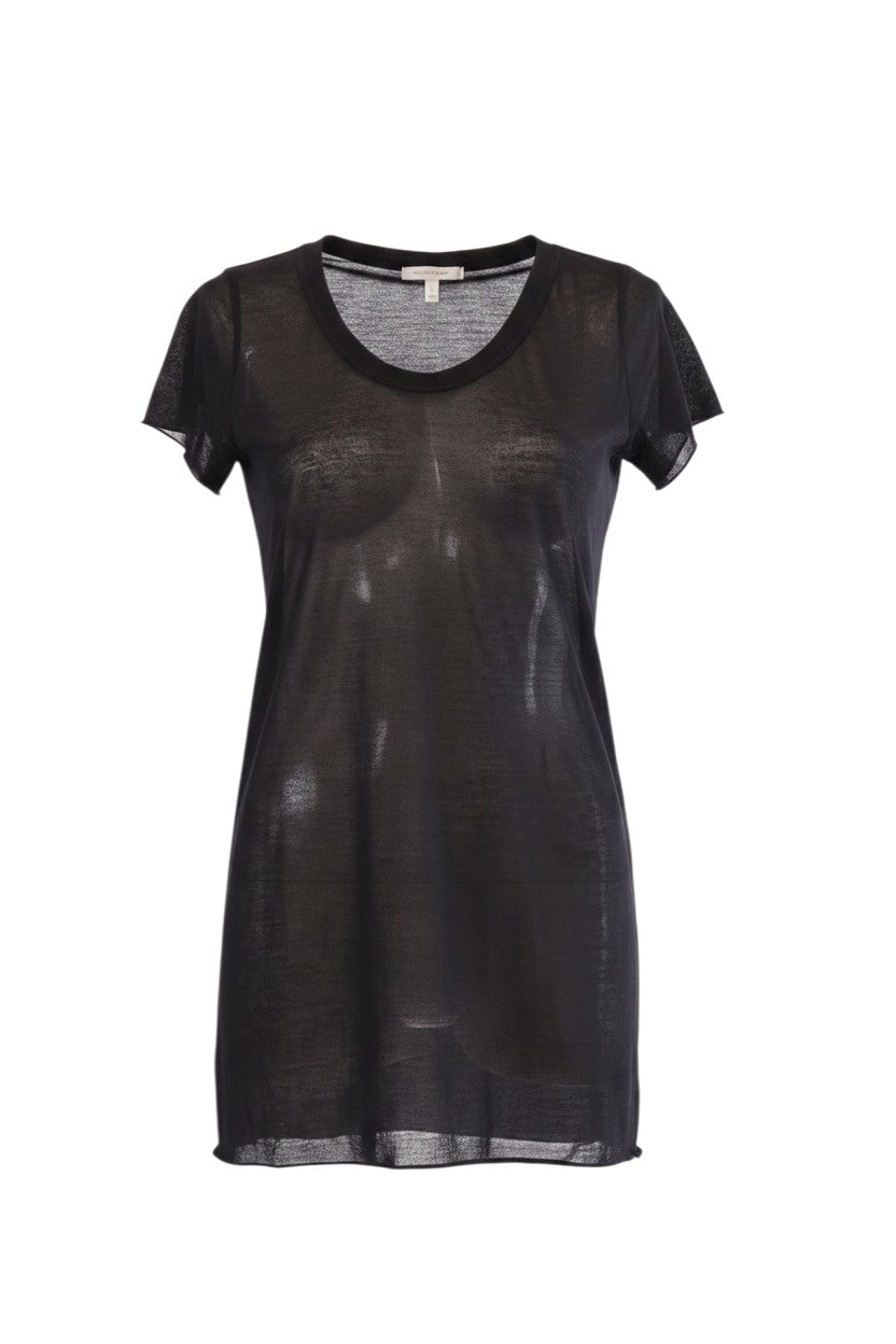 Labelstorys Rundholz schwarzes, transparentes T-Shirt aus 70% Baumwolle, 30% Polyamid, Größe S.