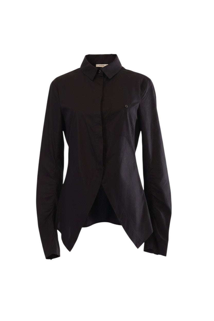 Labelstorys schwarze Bluse aus Baumwolle mit asymmetrischem Saum und Raffungen an den Ärmeln, Größe S