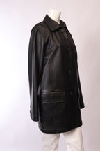 Schwarze Lederjacke von Labelstorys mit oversized Schnitt und Palmen-Muster, stilvoll und modisch für Damen.