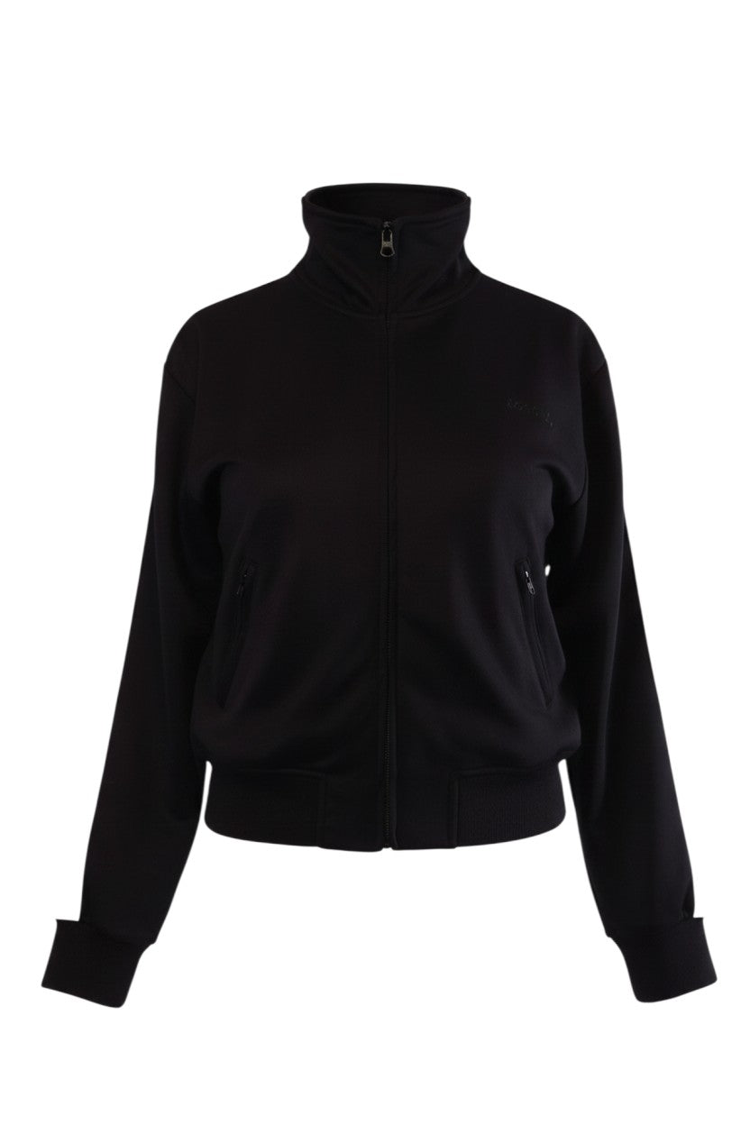 Labelstorys schwarze Trainingsjacke mit weißen Streifen, Reißverschluss und Stehkragen, Größe M.