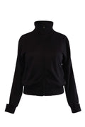 Labelstorys schwarze Trainingsjacke mit weißen Streifen, Reißverschluss und Stehkragen, Größe M.