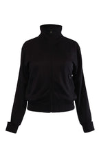 Labelstorys schwarze Trainingsjacke mit weißen Streifen, Reißverschluss und Stehkragen, Größe M.