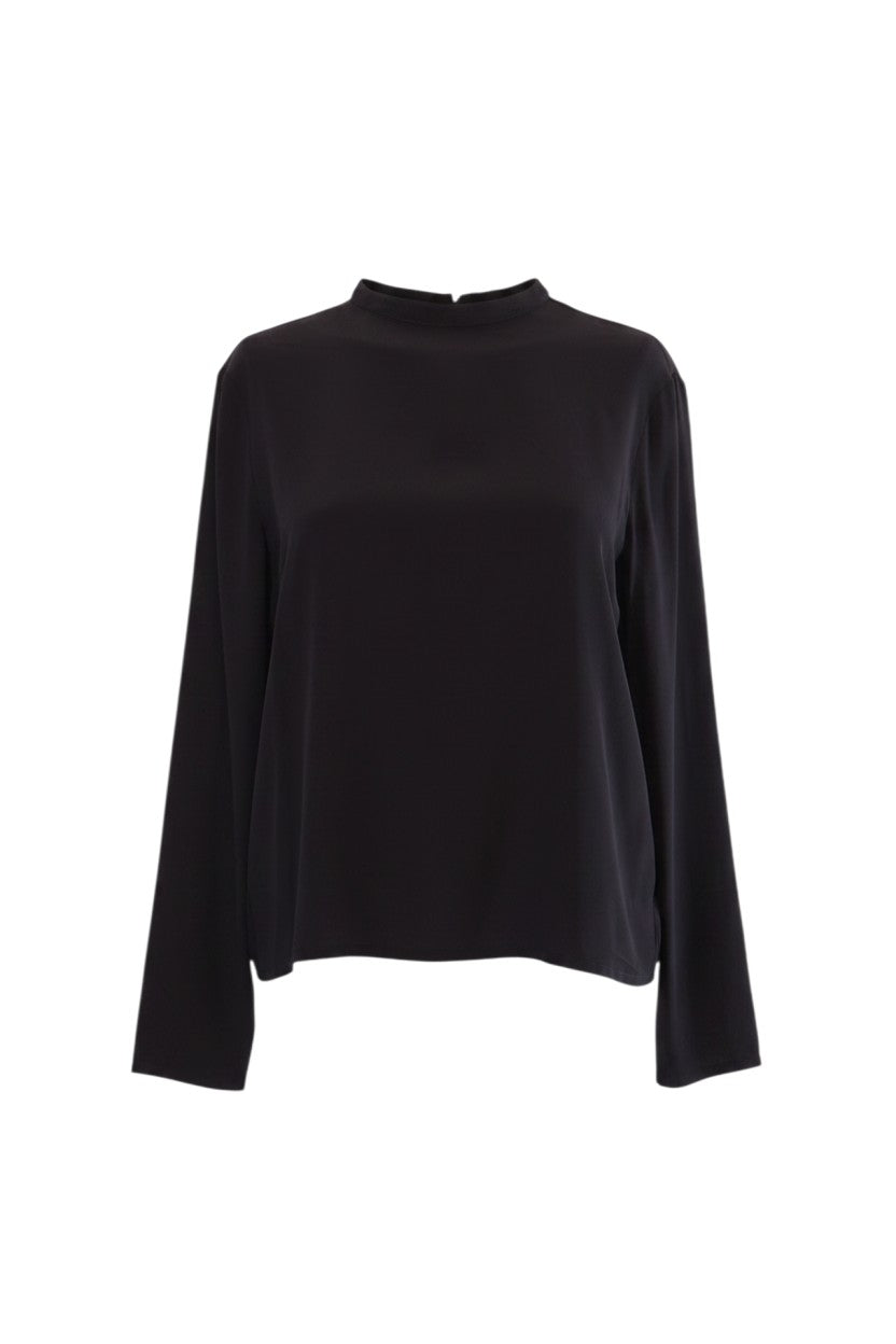 Labelstorys schwarze Bluse aus 100% Viskose, Größe 38, mit Rundhalsausschnitt und langen Ärmeln.