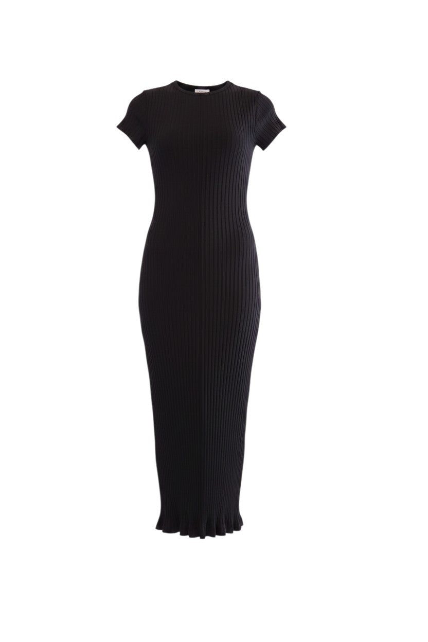 Labelstorys schwarzes Maxikleid aus Pima-Baumwolle mit kurzen Ärmeln und gerippter Textur