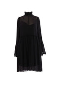 Labelstorys Seebychloe Midikleid aus schwarzem Polyester mit Rüschenkragen und ausgestellten Ärmeln, Größe 36