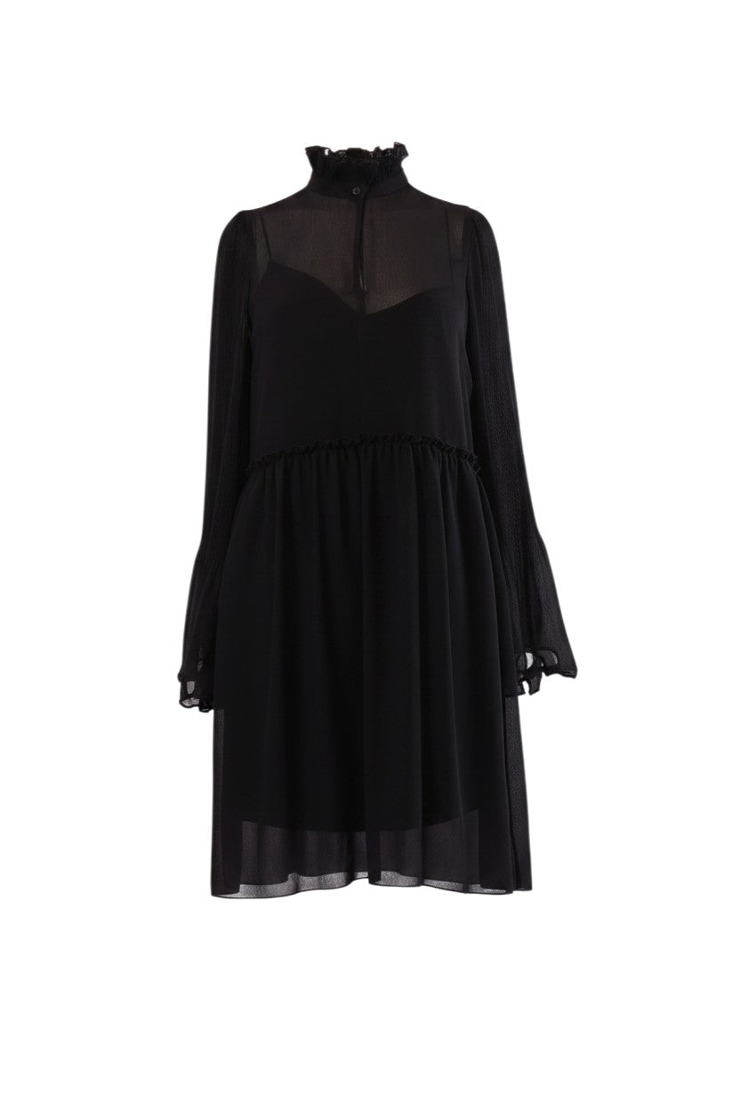 Labelstorys Seebychloe Midikleid aus schwarzem Polyester mit Rüschenkragen und ausgestellten Ärmeln, Größe 36