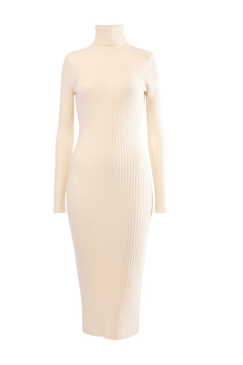 Labelstorys Strickkleid Octave999 in Buttercream, Gr. S. Geripptes Strickkleid mit Rollkragen aus 63% Schurwolle, 35% Baumwolle, 2% Elasthan.