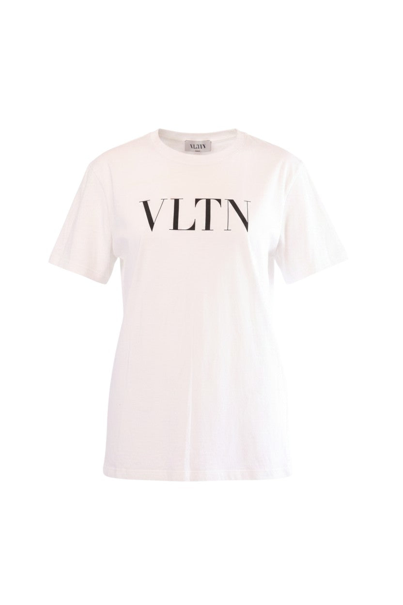 Labelstorys Valentino T-Shirt aus 100% Baumwolle in Weiß mit schwarzem VLTN-Print, Größe XS.