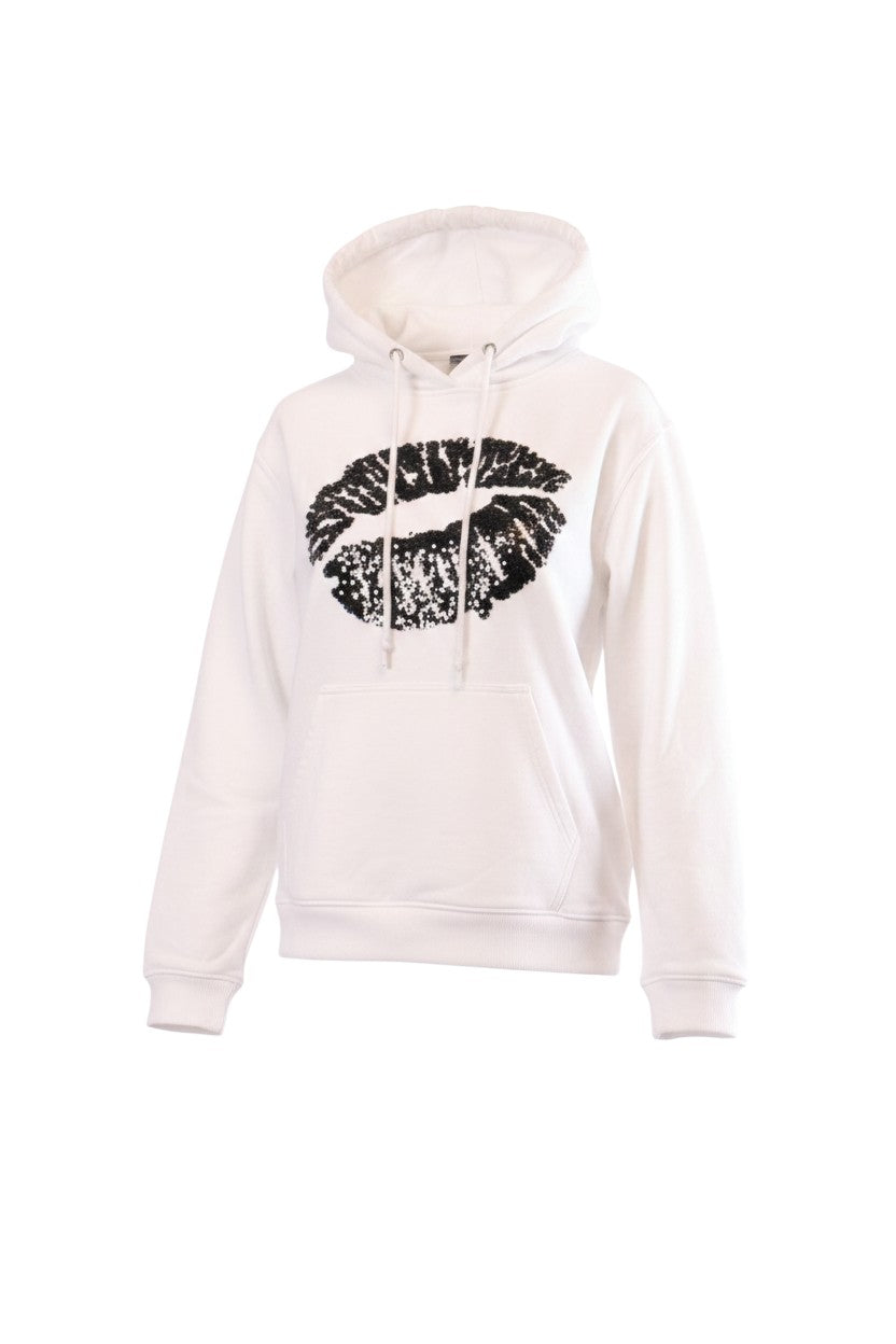 Labelstorys weißer Baumwollpullover mit Kapuze und Kussmund-Motiv, Größe S