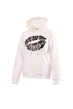 Labelstorys weißer Baumwollpullover mit Kapuze und Kussmund-Motiv, Größe S