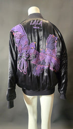 Schwarzer Lala Berlin Blouson mit lila Stickmustern, Gr. XS, aus weichem Stoff, stilvoller Damen-Jacken-Look.