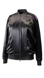 Schwarzer Lala Berlin Blouson mit lila Stickmustern, Gr. XS, modischer Damenblouson aus weichem Material.