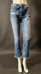 True Religion Kick-Flare-Jeans aus washed Denim in Blau, Größe W29, mit hohem Bund und lockerer Passform.